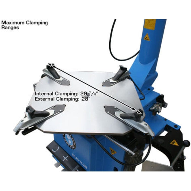 A front view of the Atlas TC289 Rim Clamp Swing Arm Tire Changer, highlighting the maximum clamping ranges with overlay text showing internal clamping at 29 3/4 inches and external clamping at 28 inches.