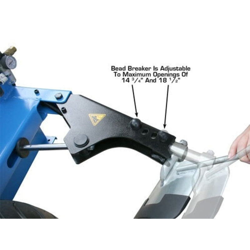 A close-up view of the adjustable bead breaker on the Atlas TC289 Rim Clamp Swing Arm Tire Changer, with an overlay text indicating its maximum openings of 14 3/4 inches and 18 1/2 inches.
