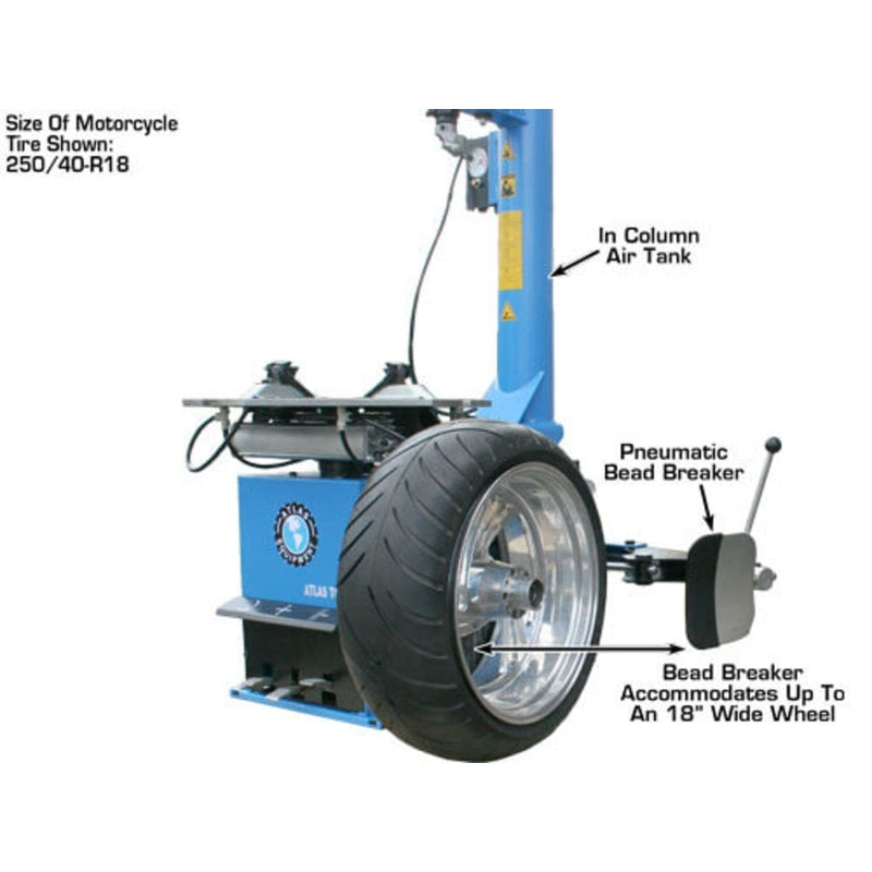 Side view of the Atlas TC289 tire changer working on a motorcycle tire sized 250/40 R18, with callouts pointing to the In-Column Air Tank and the Pneumatic Bead Breaker, which accommodates up to an 18-inch wide wheel.