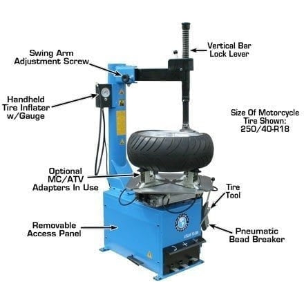 The Atlas TC289 Rim Clamp Tire Changer with a motorcycle tire mounted, illustrating the swing arm adjustment screw, vertical bar lock lever, tire tool, and pneumatic bead breaker.
