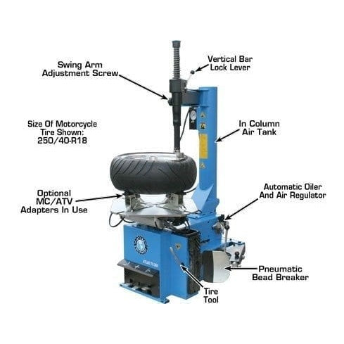 The Atlas TC289 Rim Clamp Tire Changer with a motorcycle tire mounted, illustrating the swing arm adjustment screw, vertical bar lock lever, tire tool, and pneumatic bead breaker.