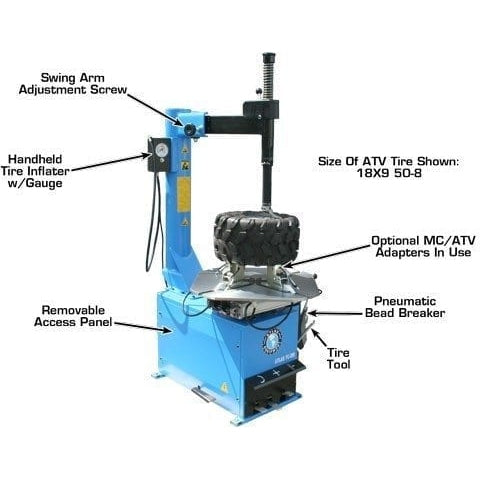 The Atlas TC289 Rim Clamp Tire Changer with a small ATV tire mounted, showcasing the optional MC/ATV adapters being used. The machine features a handheld tire inflator with a gauge.
