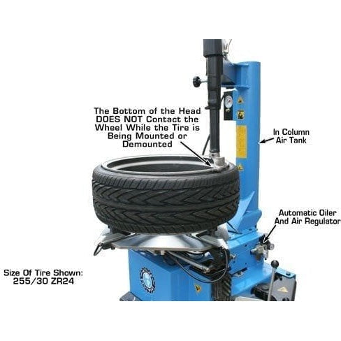 A close-up of the Atlas TC289 Rim Clamp Tire Changer's mount/demount head and a motorcycle tire, with a note that the head should not touch the rim when the wheel is rotated.