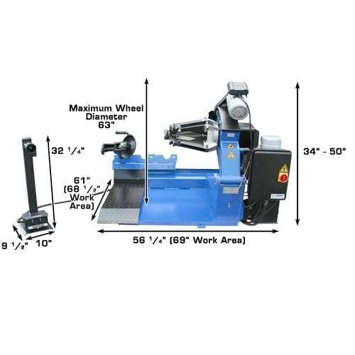 A diagram of the Atlas TTC301 truck tire changer with its dimensions displayed in inches: 63" maximum wheel diameter, 56 1/4" work area, and 34"-50" height.