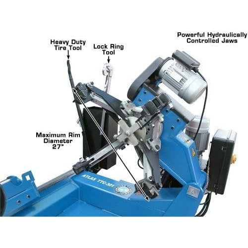 The Atlas TTC301 heavy-duty truck tire changer with its key components labeled: heavy-duty tire tool, lock ring tool, and powerful hydraulically controlled jaws with a maximum rim diameter of 27 inches.