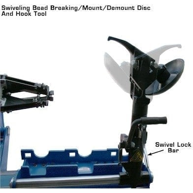 A detailed view of the Atlas TTC301's swiveling bead breaking/mount/demount disc and hook tool with the swivel lock bar.