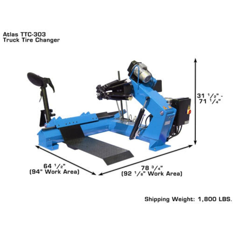 The Atlas TTC303 Truck Tire Changer from a side perspective with its measurements of 64" work area width, 78 1/4" work area depth, and 31 1/2" to 71 1/2" height, with a shipping weight of 1,800 lbs.