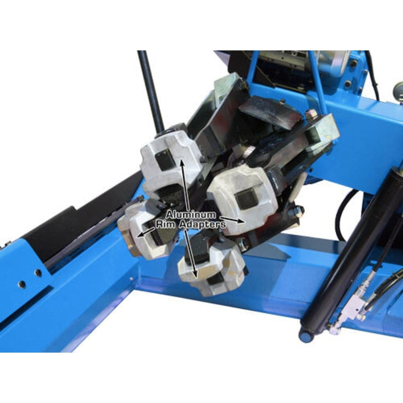 A close-up view of the aluminum rim adapters installed on the jaws of the Atlas TTC303 Truck Tire Changer.