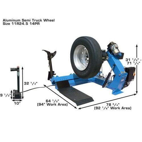 A large chart with details on the different specs, including rim clamping range of 14"-46" for the Atlas TTC303 Super Duty Truck Tire Changer.
