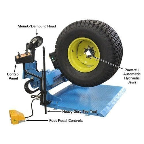 A detailed view of the mount/demount head and a powerful hydraulic jaw on the Atlas TTC305A Automatic Truck Tire Changer.