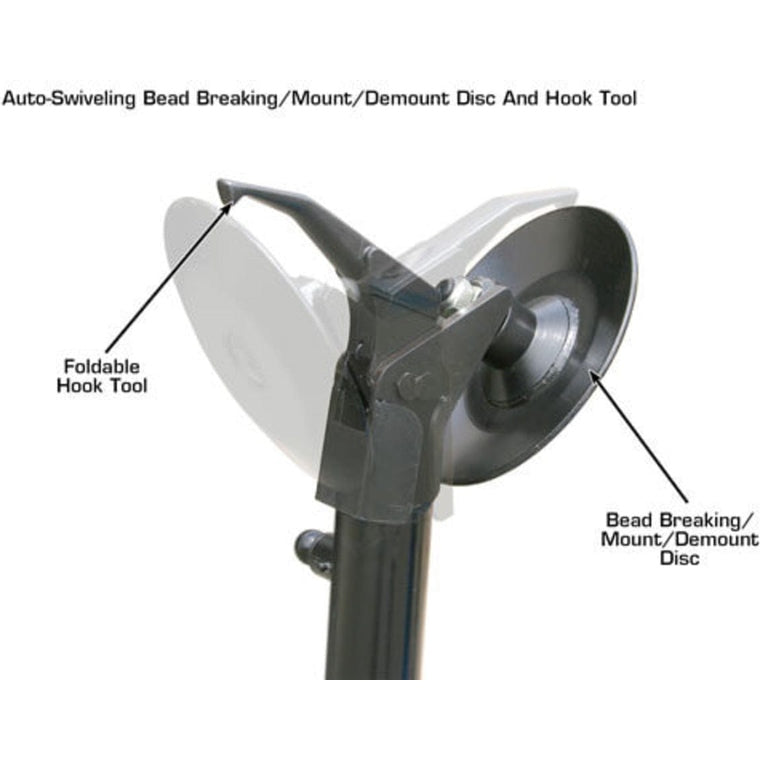 The auto-swiveling bead breaking, mounting, and demounting disc and foldable hook tool on the Atlas TTC306 Truck Tire Changer.
