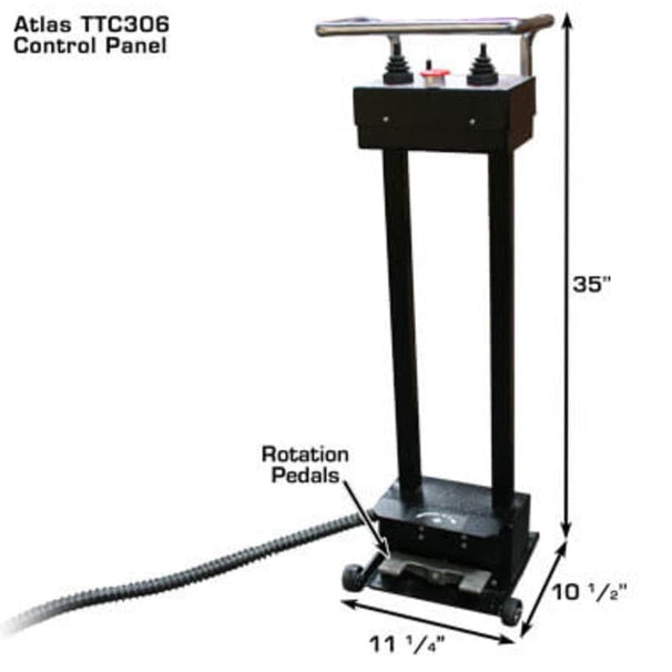 A full view of the Atlas TTC306 Truck Tire Changer control panel, showing the rotation pedals and measurements of 35" height and 11 1/4" width.