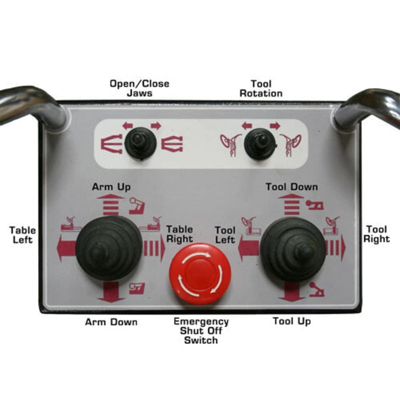 A close-up of the wired control unit for the Atlas TTC306 Truck Tire Changer, showing all the controls for the arms, jaws, and an emergency shut-off switch.