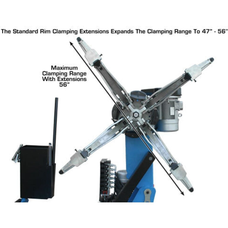 The powerful jaws of the Atlas TTC306 Truck Tire Changer with standard rim clamping extensions installed, expanding the maximum clamping range to 56 inches.
