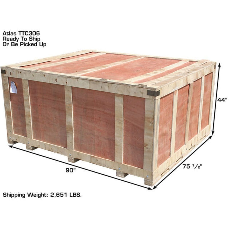 A crate containing the Atlas TTC306 Truck Tire Changer, showing dimensions of 90" length, 75 1/4" width, 44" height, and a shipping weight of 2,651 lbs.