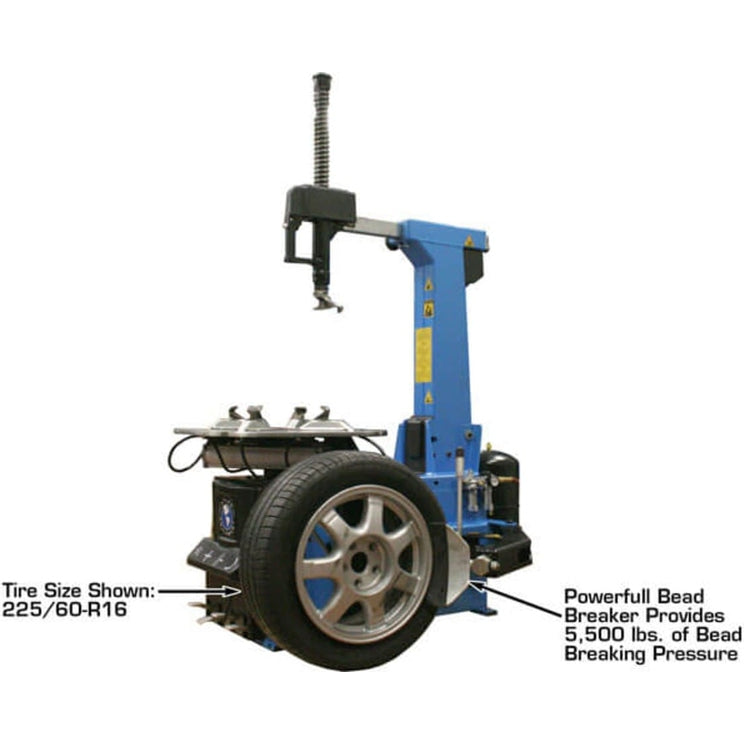 A blue Atlas TC755 Tilt-Back Rim Clamp Tire Changer with a 225/60 R18 tire mounted, highlighting the "Powerful Bead Breaker Provides 5,500 lbs. of Bead Breaking Pressure" feature.