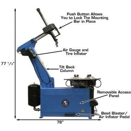 A side view of the Atlas TC755 Tilt-Back Tire Changer with its column tilted back, showing labels pointing to the Tilt-Back Column and a Removable Access Panel, with a height of 77 1/4" and depth of 76".