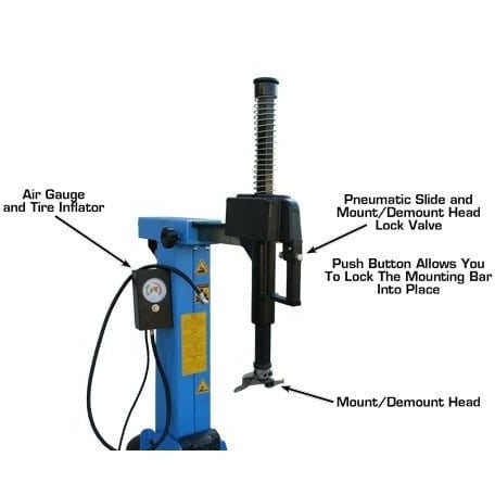 A side view of the top column of the Atlas TC755 Tilt-Back Tire Changer, highlighting the air gauge, tire inflator, and the pneumatic slide and mount/demount head lock valve, with a label showing the "Push Button Allows You to Lock Mounting Bar into Place".