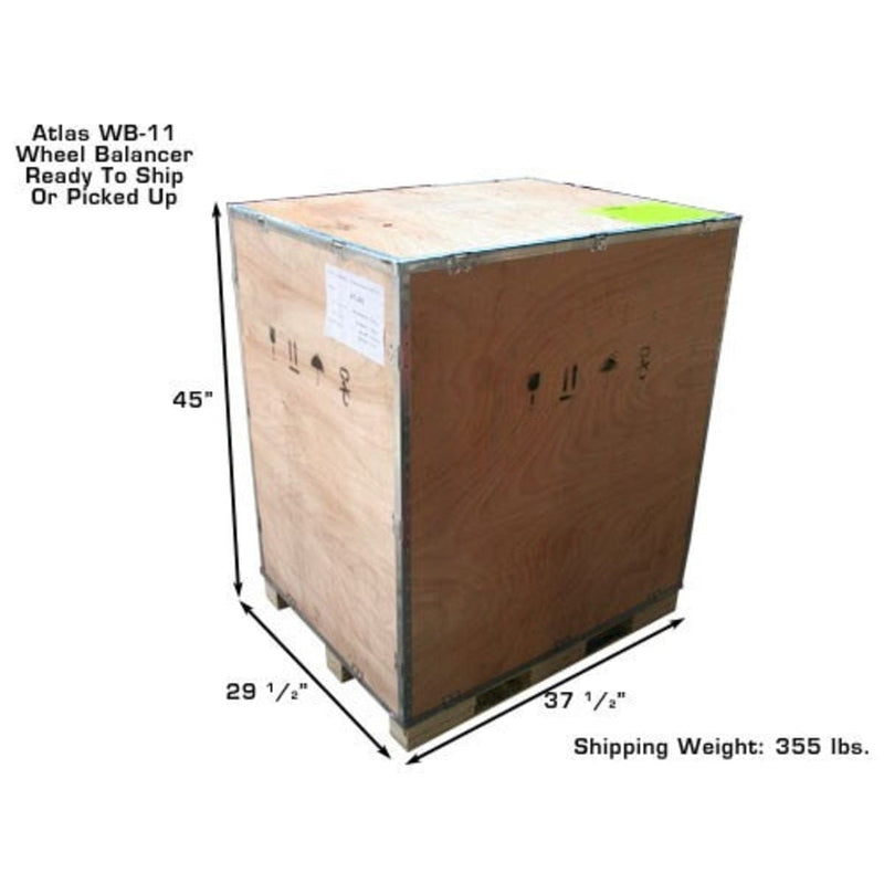 A large wooden crate containing the Atlas WB-11 ready to be shipped, with shipping dimensions of 45 inches long, 29 1/2 inches high, and 37 1/2 inches wide, and a shipping weight of 355 lbs.