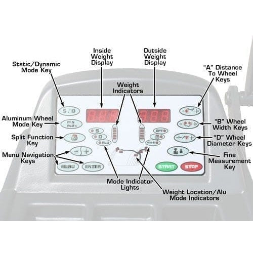 A close-up view of the Atlas WB11 wheel balancer's control panel, showing dual digital displays for inside and outside weight, along with various mode keys and navigation buttons.