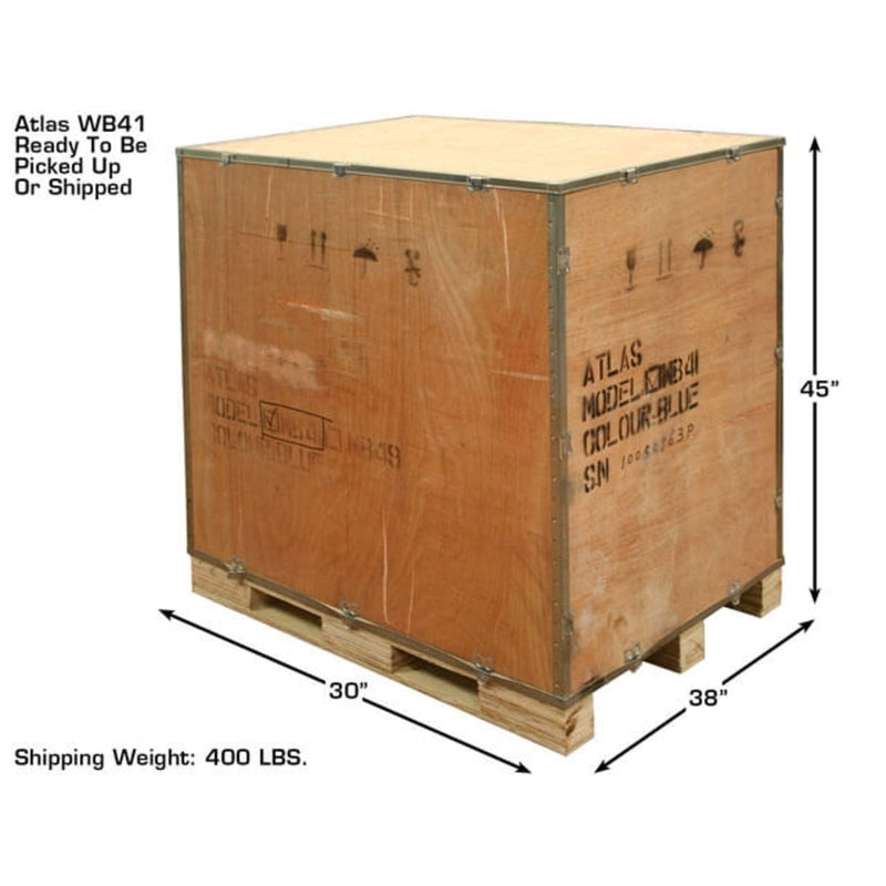 A large wooden crate containing the Atlas WB41 is ready to be shipped, with shipping dimensions of 30 inches long, 45 inches high, and 38 inches wide, and a shipping weight of 400 lbs.