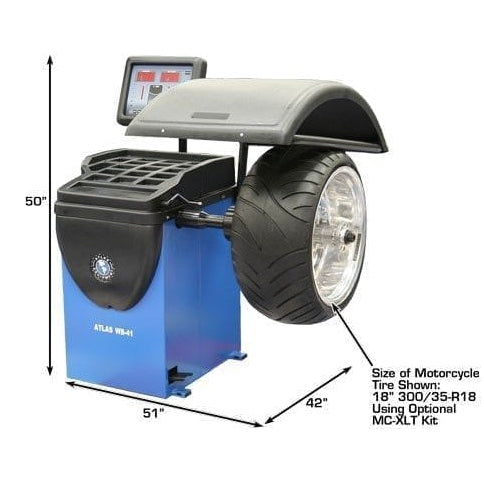 A blue Atlas WB41 wheel balancer with a mounted motorcycle tire and rim. The machine dimensions are 50 inches high and 51 inches wide.