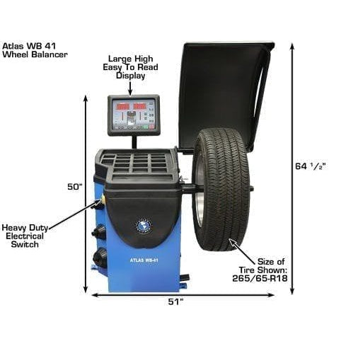 The front view of the Atlas WB41 wheel balancer, with a tire mounted, highlighting the large, high, and easy-to-read display and a heavy-duty excitation switch.