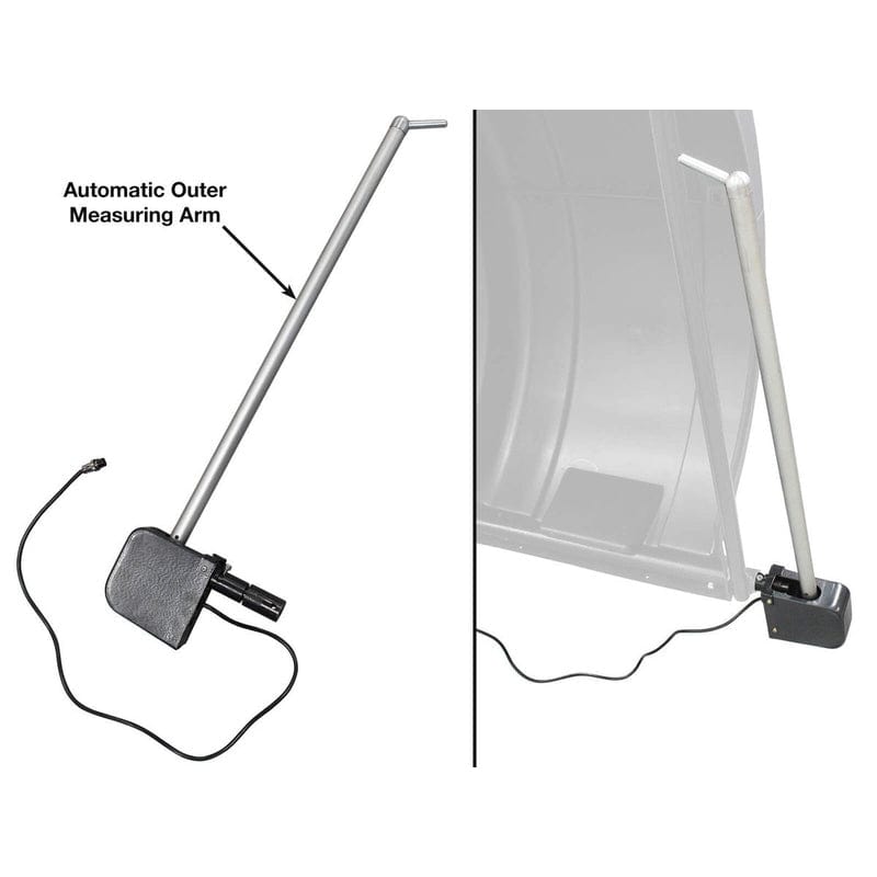 A diagram showing two angles of the Automatic Outer Measuring Arm, with a black housing and silver arm, designed to automatically measure the wheel's dimensions.