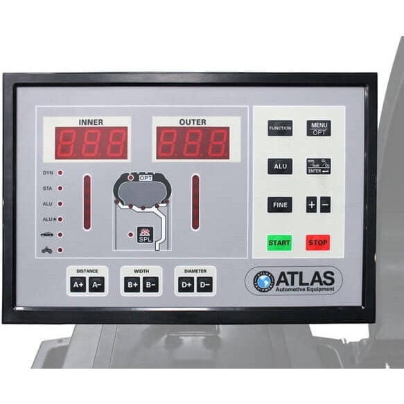 A detailed view of the control panel for the Atlas WB49-2-PRO Wheel Balancer, featuring a digital screen with weight values and buttons for static, dynamic, and OPT modes.