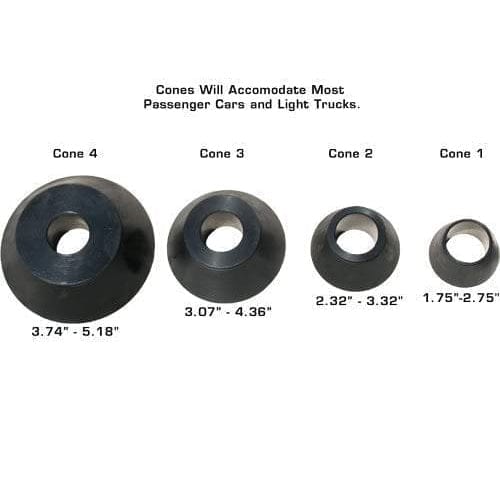 A close-up view of four cones for the Atlas WBT-210 Wheel Balancer, with sizes ranging from 1.75 to 5.18 inches to accommodate most passenger cars and light trucks.
