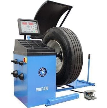 A blue Atlas WBT-210 Truck Tire Wheel Balancer with a mounted passenger car tire, showing its versatility to handle different wheel types.