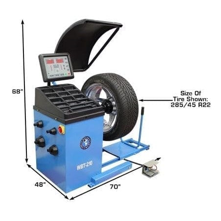 The side view of a blue Atlas WBT-210 Truck Tire Wheel Balancer, highlighting its dimensions as 68 inches high, 70 inches wide, and 48 inches deep. The machine has a 220V motor and requires 115-140 PSI air.