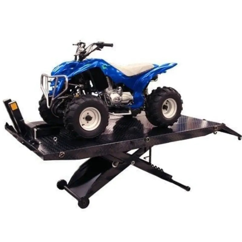 A blue ATV on the black Atlas Cyclelift XLT with side extensions and a diamond plate surface, ready for maintenance.