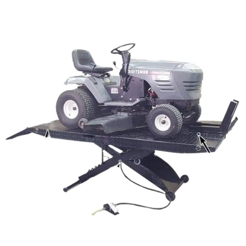 A black Atlas Cyclelift XLT motorcycle/ATV lift with side extensions holding a gray Craftsman riding lawn mower.