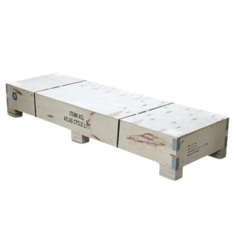 The Atlas Cyclelift XLT in a wooden shipping crate, designed for transport with metal bands for security.