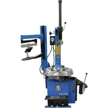 A full view of the blue Atlas TC229LH Rim Clamp Tire Changer with a swing arm and a left-hand assist arm attachment. The bead breaker is shown on the right side of the machine.