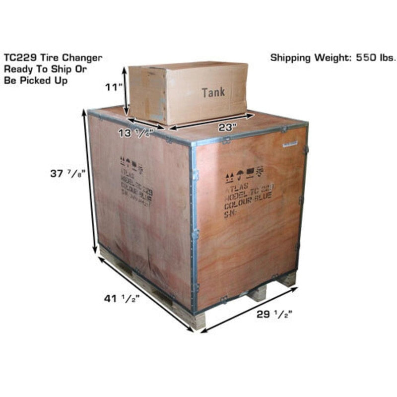 The Atlas TC229LH Rim Clamp Tire Changer packaged in a wooden crate with the dimensions and shipping weight of 550 lbs clearly labeled. The crate measures 41 1/4" wide x 29 1/4" deep x 37 1/4" tall, with a separate smaller box measuring 13 1/4" wide x 23" long x 11" tall.