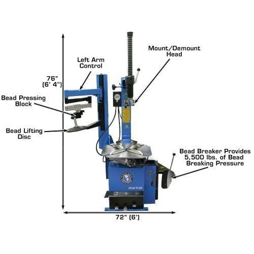 A full view of the blue Atlas TC229LH Rim Clamp Tire Changer, highlighting the mount/demount head, bead lifting disc, left arm control, and bead breaker that provides 5,500 lbs of bead breaking pressure. The machine is 72 inches wide and 76 inches tall.