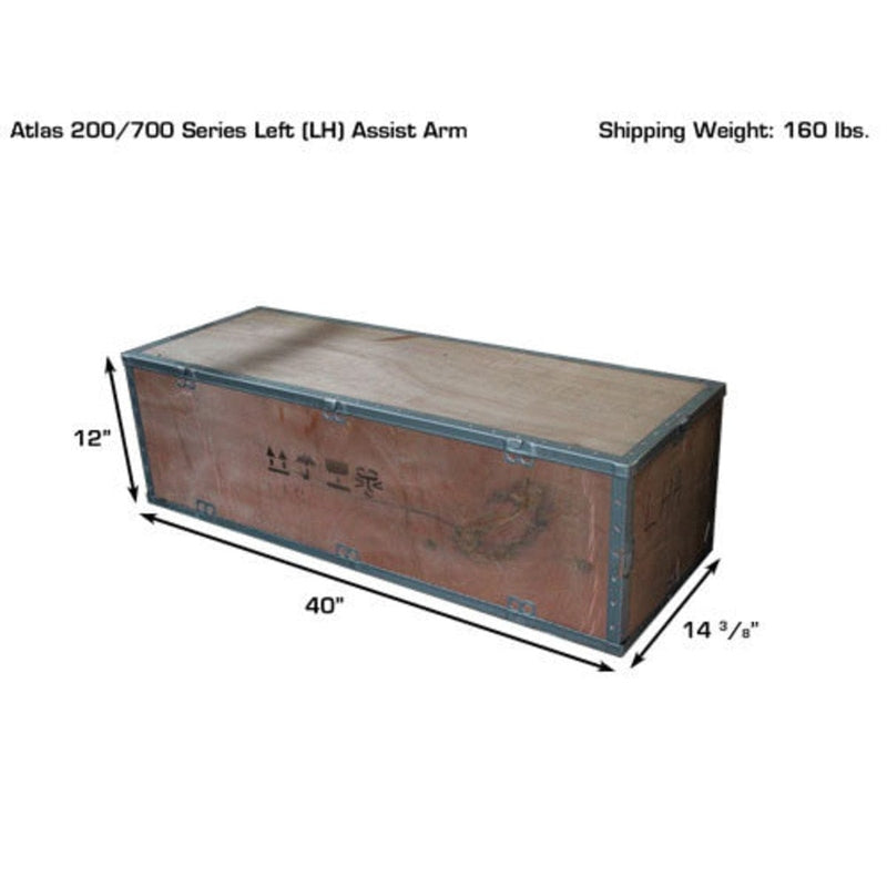The wooden crate for the Atlas TC229LH Left Hand Assist (LH) Arm attachment with the shipping weight of 160 lbs and dimensions of 40" long x 14 1/8" wide x 12" tall.