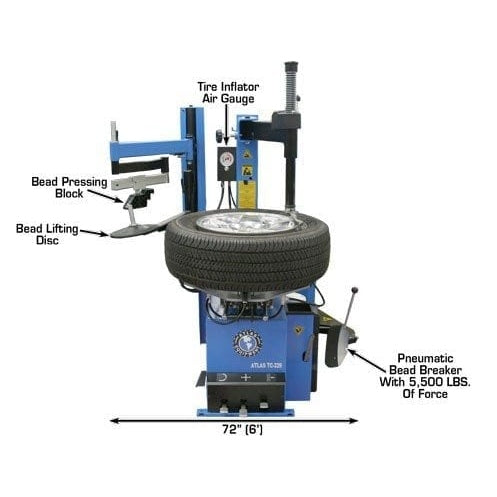 A full view of the red Atlas TC229LH Rim Clamp Tire Changer with a motorcycle tire mounted on the turntable and the Left Hand Assist arm in use.