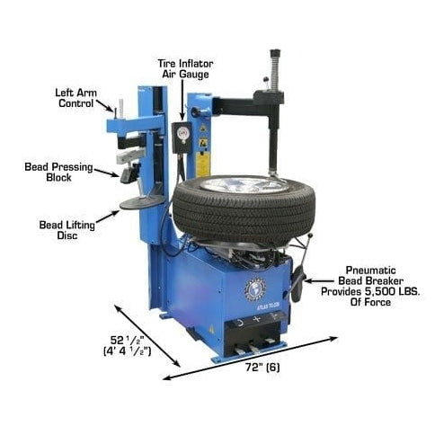 An Atlas TC229LH Rim Clamp Tire Changer with a tire mounted on the turntable, showing the left arm control, tire inflator air gauge, and bead pressing block. The bead breaker provides 5,500 lbs of force, and the machine has a width of 72 inches and a height of 76 inches.