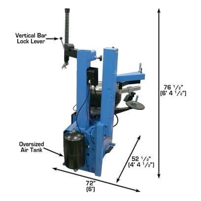 An Atlas TC229LH Rim Clamp Tire Changer with an oversized air tank for the Beadblaster system. The overall height is 76 inches, and the machine's width is 53 1/2 inches.