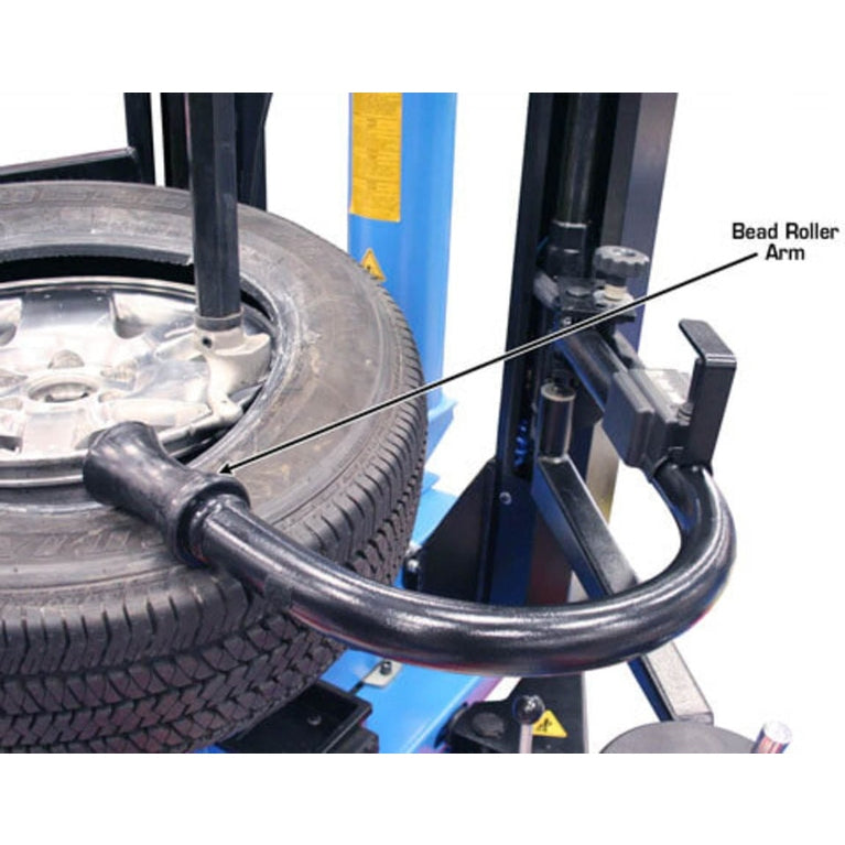 A close-up view of the bead roller arm on the Atlas® TC289DAA tire changer, positioned to help demount a tire.
