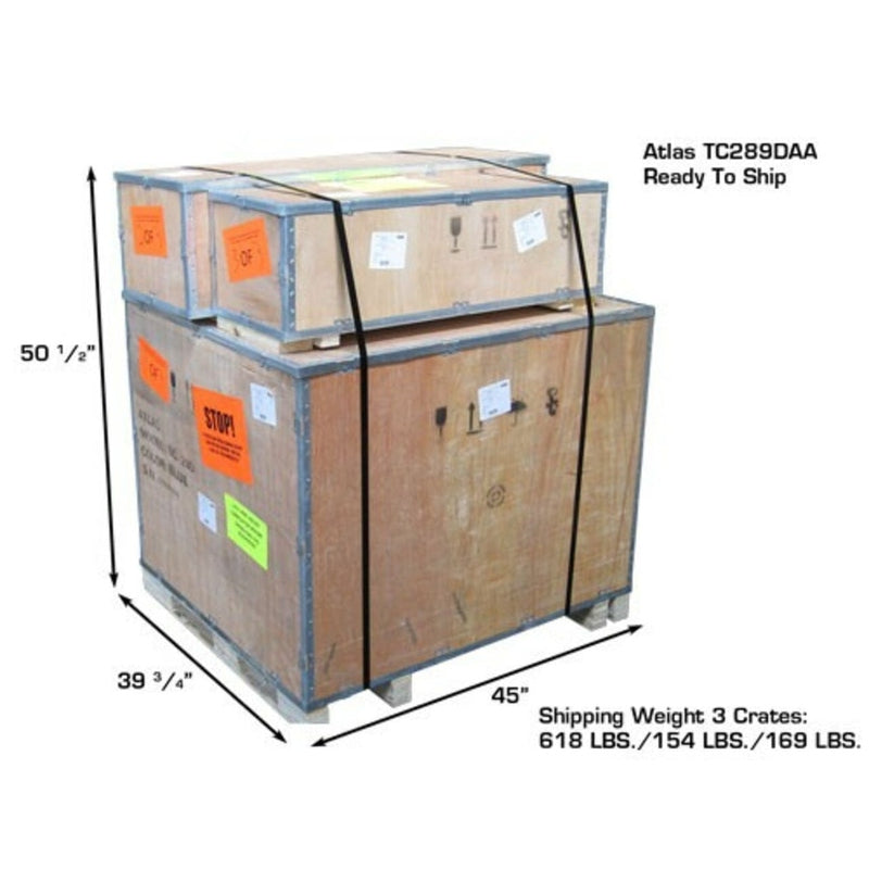 The Atlas® TC289DAA tire changer with its wooden shipping crates, showing the shipping weight of 920 lbs and the crates' dimensions of 39 1/4" x 45" x 50 1/4".