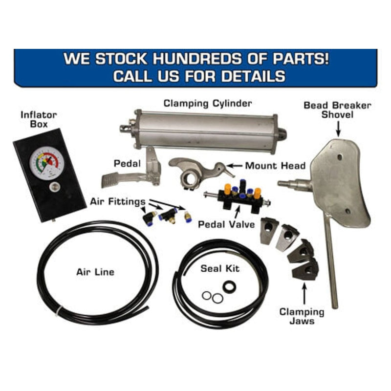 A collection of replacement parts for the Atlas® TC289DAA tire changer, including the clamping cylinder, clamping jaws, and inflator box.