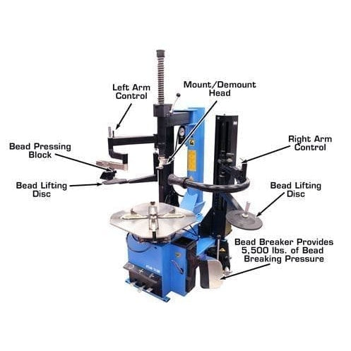 A diagram of the Atlas® TC289DAA tire changer, labeling the left and right-hand assist arms, bead pressing block, bead lifting disc, and the powerful 5,500 lbs bead breaker.