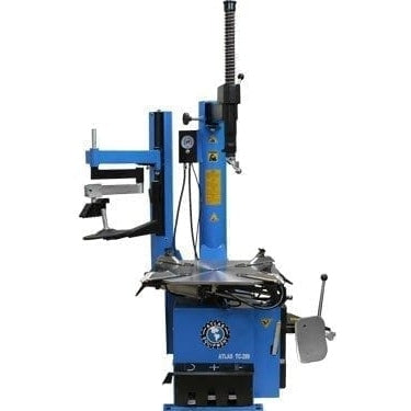 A full view of the blue and black Atlas® TC289LH Rim Clamp Swing Arm Tire Changer, showing the main machine with its left-hand assist arm attachment.