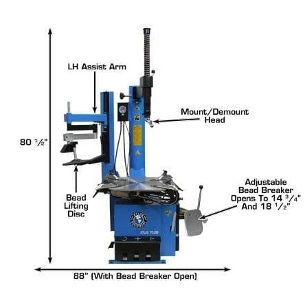 A diagram of the Atlas® TC289LH tire changer, with labels pointing to the left-hand assist arm, bead pressing block, and other key features.