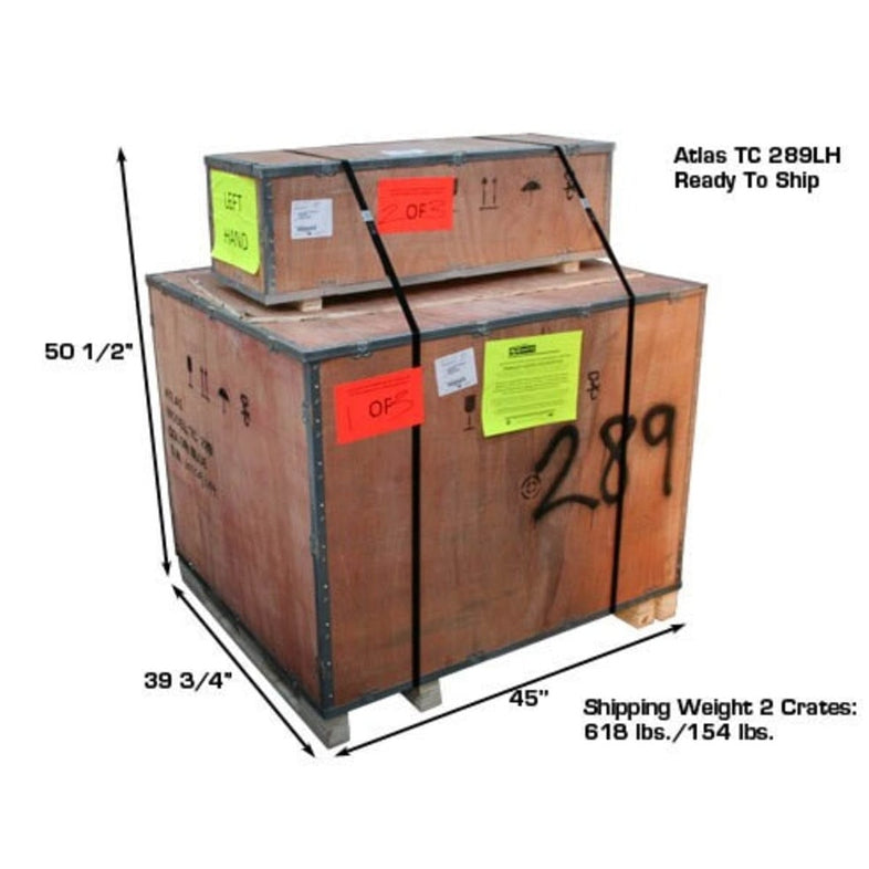 An Atlas TC289LH Rim Clamp Swing Arm Tire Changer, ready to ship, crated in two separate wooden crates with "289" and dimensions like 50 1/2" H and 39 3/4" W clearly labeled, with a total shipping weight of 818 lbs.