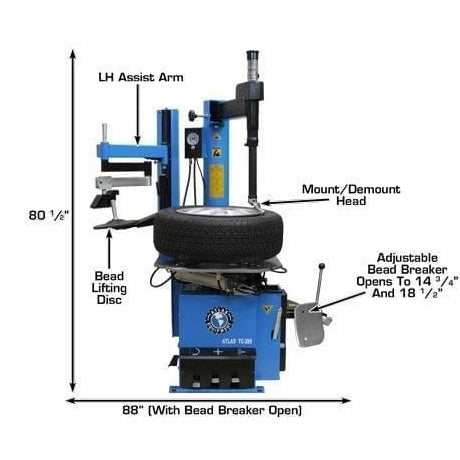 A detailed view of the Atlas® TC289LH tire changer, showing a tire being mounted on the turntable with the left-hand assist arm in use.